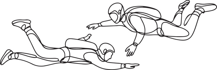 Skydivers Man And Woman Skydive In Air Black Line Pencil Drawing Vector. Young Boy And Girl Wearing Skydive Clothes, one line art icon drawing vector © mst
