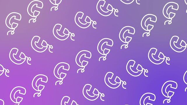 Seamless pattern with line art telephone icons on a purple gradient background animation. Repeating customer support wallpaper with incoming phone call symbols. Horizontal communication banner.