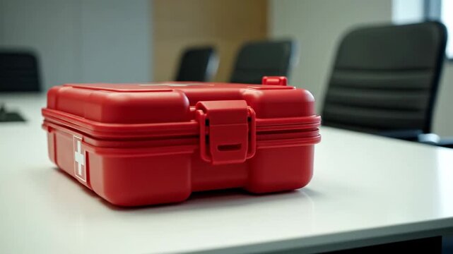 Minimalist side-angle shot of a red first aid kit placed near the edge of a white conference table, blurred office chairs and neutral-toned walls forming a soft backdrop, diffused overhead lighting
