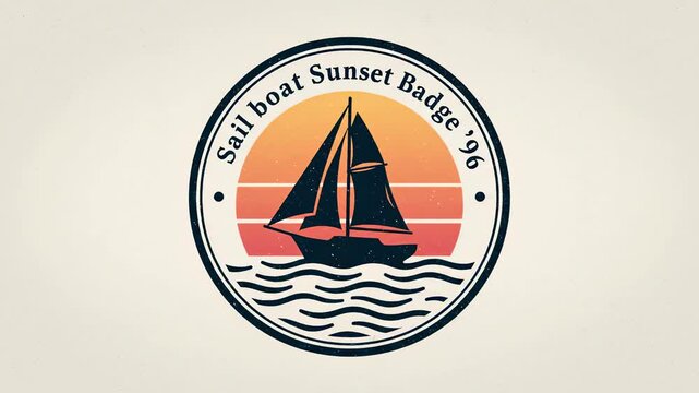 Sailboat Sunset Badge \'96 framed nautical landscape emblem designed as a refined vector-style crest, circular badge composition featuring a minimal sailboat silhouette gliding across calm water,