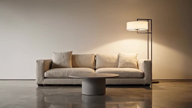 Minimalist living room with a beige sofa, round coffee table, and modern floor lamp