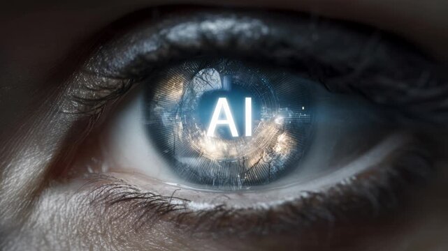 closeup human eye reflecting ai, galaxy-like data patterns ripple across iris, luminous HUD letterforms float on pupil, tiny sparks of light scatter