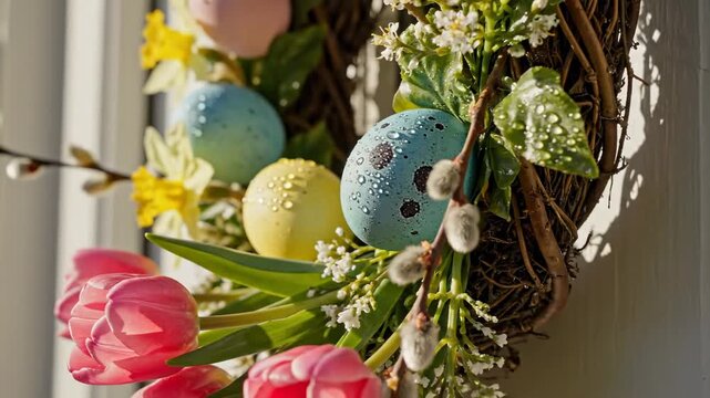 Close-up of a beautiful Easter wreath decorated with pastel eggs, tulips, and pussy willows