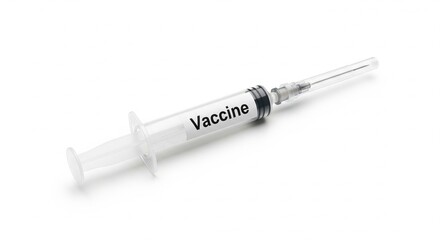 Fototapeta premium Syringe filled with vaccine lies on a clean white surface viewed from a slight angle