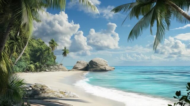 A serene beach scene with palm trees and a rock in the water, suitable for travel or relaxation themes