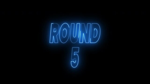 Glowing blue round 5 text animation on a black background. 4k animated typography Great for sports events, game shows, quiz promotions, and competition graphics.
