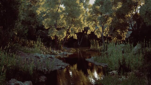 Muted dusk creek with vintage tones, overgrown banks and soft ripples create nostalgic scene suitable for retro editorials and textured backgrounds.