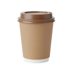 A disposable coffee cup with a brown lid against a white background