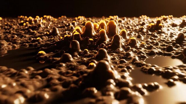 Cellular Biofilm Landscape \'96 stylized abstract terrain inspired by dense microbial growth, intricate repeating organic patterns forming ridges and valleys across a moist reflective surface,