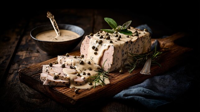 Vitello tonnato styled with anchovy accents, photographed on dark walnut wood with moody lighting