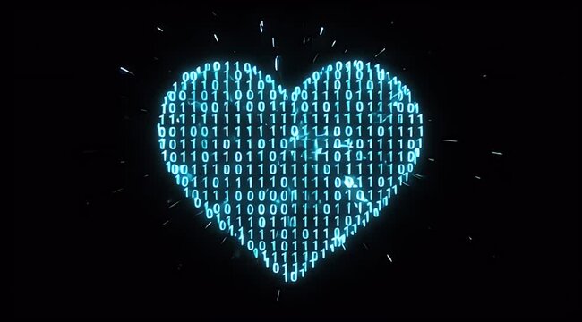 Digital Heart Shape Formed by Glowing Binary Code in Dark Background