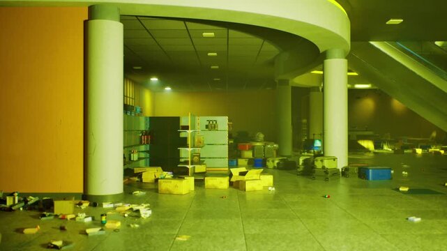 Abandoned mall loading area strewn with cardboard boxes, pallets and debris under harsh green fluorescent light, curved mezzanine and idle escalator edge,