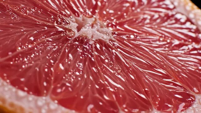 Video of pink grapefruit cross section in detailed macro view, organic citrus pattern backdrop, nutrition and wellness theme, colorful food texture animation.