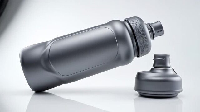 Modern matte gray sports water bottle with cap detached, isolated on white background