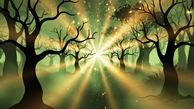 Stylized enchanted woodland abstraction with simplified tree silhouettes and exaggerated radiant beams forming symmetrical patterns through a soft green haze, luminous particles shimmering in the air