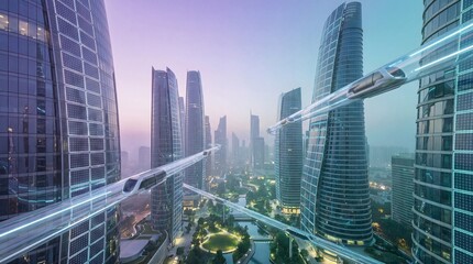 Obraz premium Smart City Architecture at Sunset with Digital Integration