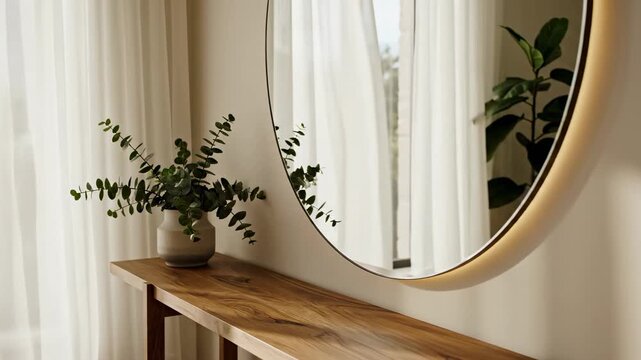 Minimalist interior design with a round mirror and eucalyptus in a vase on a wooden console table