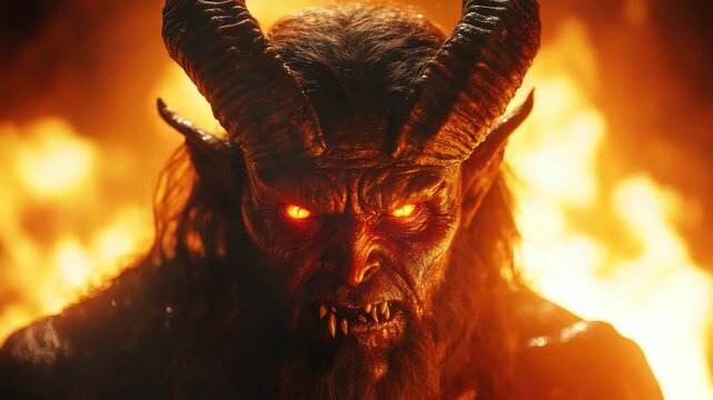 A demon with glowing red eyes stands before a fiery background, ready to unleash its fury