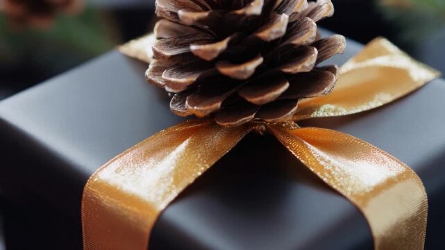 A single pine cone sitting atop a black gift box, simple yet elegant