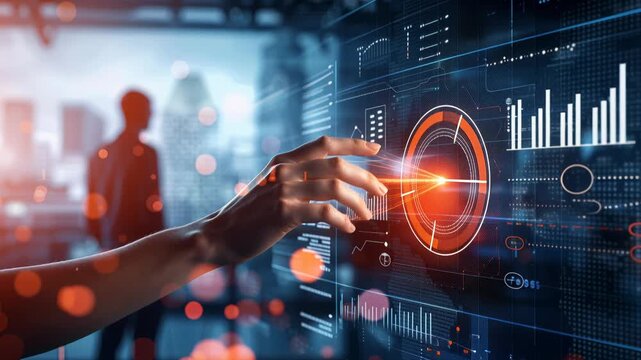 Silhouette executive interacting with holographic dashboard, analyst gestures to glowing world map while operator reaches for circular control, ambient blue