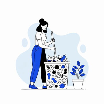 Woman diligently cleaning a overflowing trash bin with a stick.