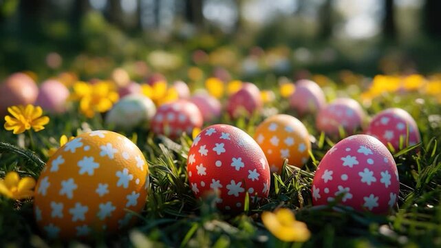 A cluster of vibrant Easter eggs scattered across the lawn, perfect for spring or holiday-themed projects