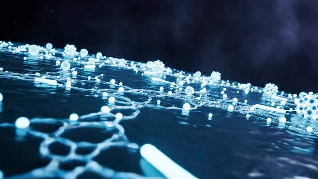 Abstract Microbial Ecosystem Visualization rendered in a dramatic conceptual approach, semi-translucent enamel plane floating in a dark indigo space while luminous organic particles glide across its