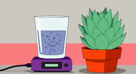 Modern science experiment setup featuring a glass of bubbling water on a digital device next to a potted succulent plant, symbolizing growth, technology, and nature.