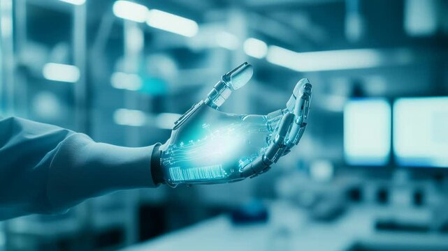 gloved hand holographic circuitry on bench, researcher in white coat reaches toward electronic components and test vessels, blue neon illumination casts