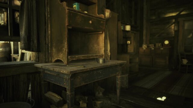 Antique woodstove beside worn table, cast iron surfaces marked by soot and patina, dim lantern glow, wooden floorboards and cozy tavern atmosphere coming