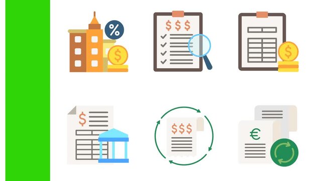 Taxation Animated Icon. Motion Graphic 2D Objects Animation Flat Cartoon 4K Video. Contain Asset, Inspection, Balance Sheet, Bank Statement, Billing Cycle. Animated Icon on Transparent Background.