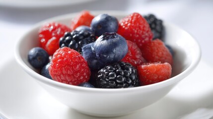 A vibrant bowl of mixed fresh berries, including raspberries, blueberries, and blackberries, showcasing nature's healthy bounty.