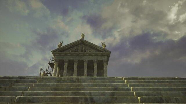 Dramatic temple steps under stormy sky, solitary classical temple perched atop wide stone stairs with heavy pediment and towering columns, moody clouds
