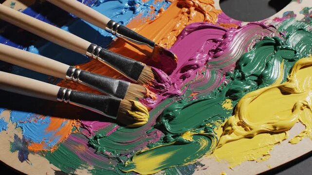 Five artist paintbrushes arranged in parallel on a heavily textured oil paint palette, overhead top-down view emphasizing graphic alignment and bold color contrast, saturated swirls of blue, orange,