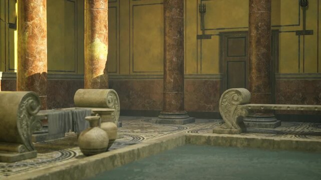 Tranquil pool edge with carved capitals, water reflections and textured stone, warm plaster walls bathed in late afternoon glow, serene classical retreat