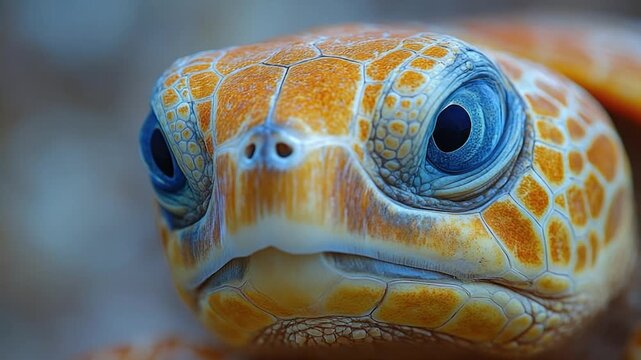 A close-up shot of a turtle's face with bright blue eyes