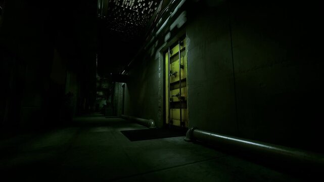 Narrow isolated alley with yellow service door illuminated by dim greenish light, low ceiling and exposed pipework create claustrophobic feel. Deep shadows