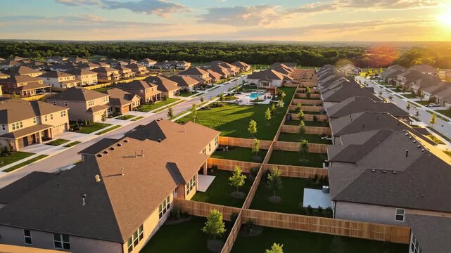 Planned Residential Community Layout seen from a high oblique aerial angle at golden hour, rows of modern family houses with uniform architecture and fenced backyards, warm sunlight casting elongated