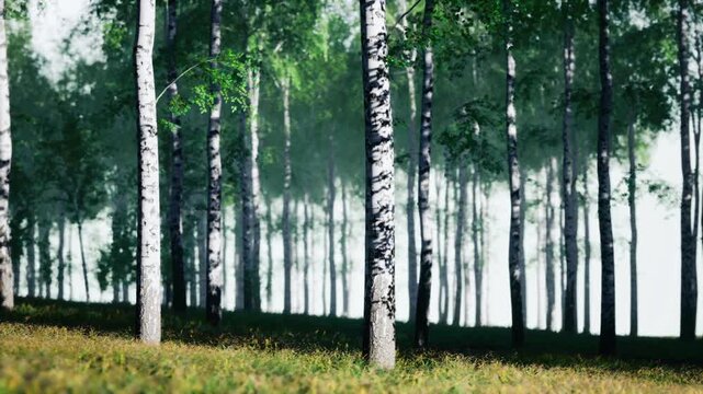 Silhouetted birch trunks along misty edge, rhythmic vertical lines receding into hazy background, high contrast mood with cinematic, slightly mysterious tone