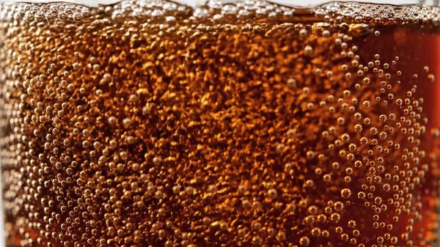Video of Cola Bubbles Macro \'96 Sparkling carbonated fizz texture, refreshing soda background, dark beverage surface detail, effervescent drink concept for food and beverage branding.