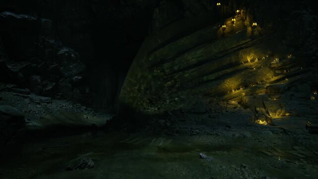 Brave spelunker in bioluminescent cave, photographer documenting glowing fungi on wet stalactites above dark pool, reflective water and slick rock surfaces,