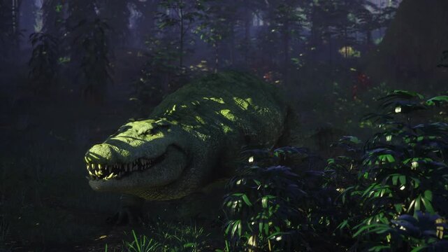 Night swamp crocodile with glowing eyes, massive reptile halfhidden among wet moss and fog, bioluminescent plants casting eerie green highlights, tense ambush