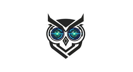 A digital owl head with neon eyes, a tech-inspired logo on a white background