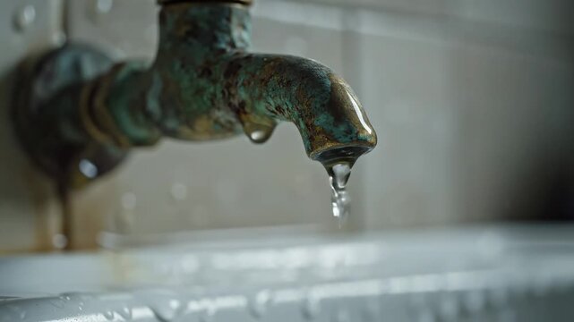 Aging plumbing detail inspired by a leaking tap close-up, a vintage brass faucet with oxidized green patina mounted against a neutral tiled wall, repeated droplets falling rhythmically into a slightly