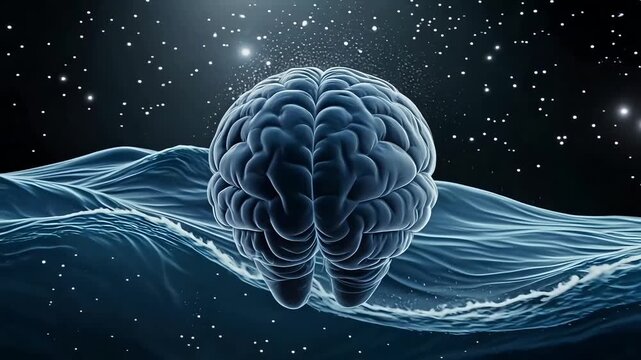 Detailed three dimensional rendering of a human brain immersed within dark, turbulent water.