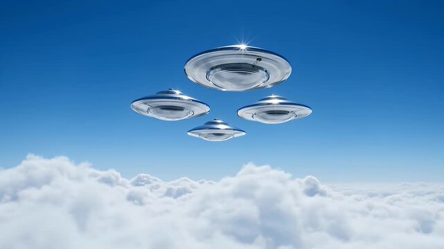 Futuristic Flying Objects Hovering Above Cloud Layer During Daylight in Clear Sky