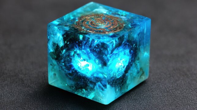 Vibrant Blue Orgonite Cube with Spiral Detail and Internal Inclusions