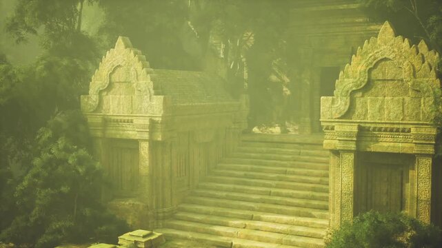 Carved gateway with mossy reliefs, steep steps lead inward, filtered light highlights ornate pediments, humid air clings to weathered sandstone, sense ritual