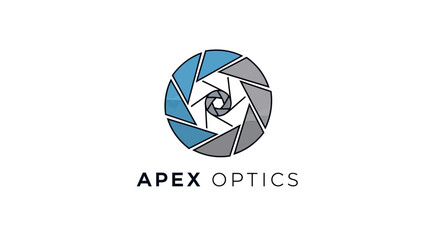 A circular logo featuring a camera aperture design. Blue and grey color scheme with text