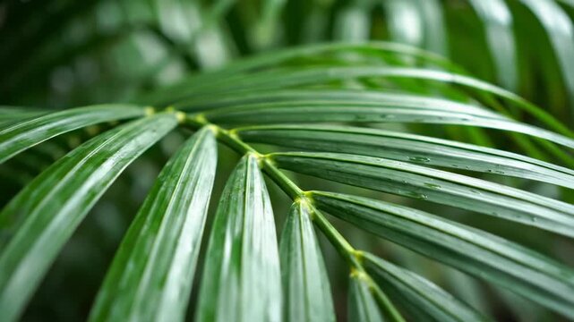 Video of palm leaf surface with parallel lines and glossy finish, tropical nature texture background, exotic botanical design, fresh green pattern visual.